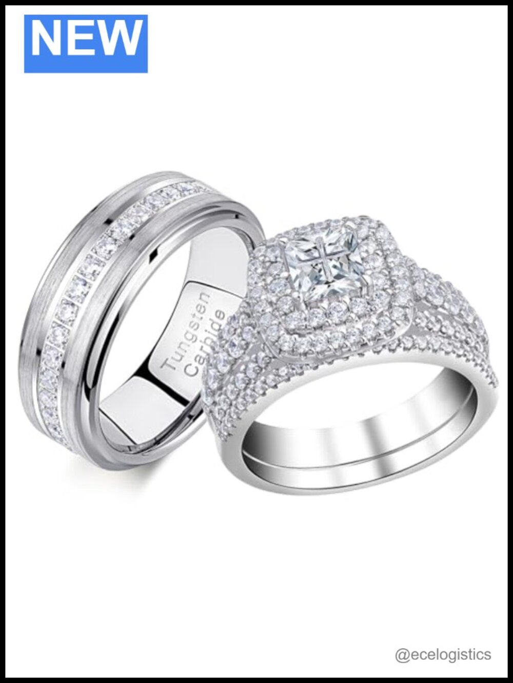 His & Hers Wedding Ring Set Tungsten Carbide Cubic Zirconia Bridal Rings